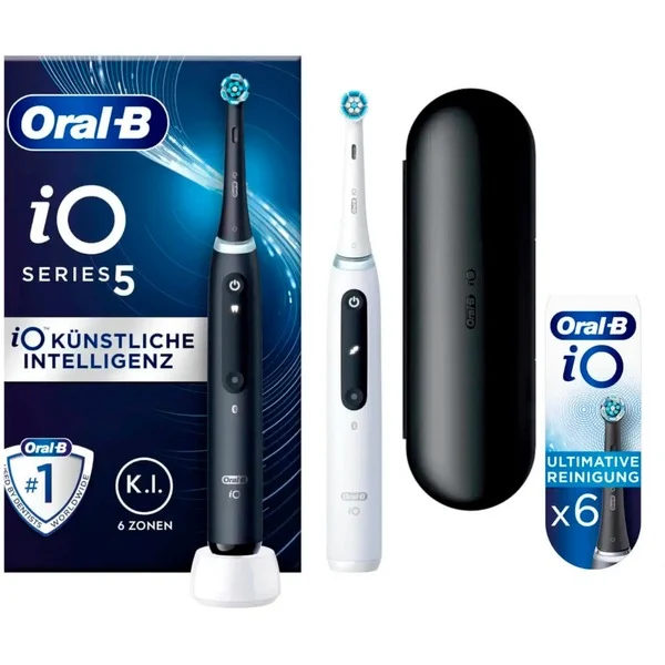 Braun Oral-B iO Series 5 Duo, Elektrische Zahnbürste (schwarz/weiß, Matt Black/Quite White inkl. 2. Handstück)