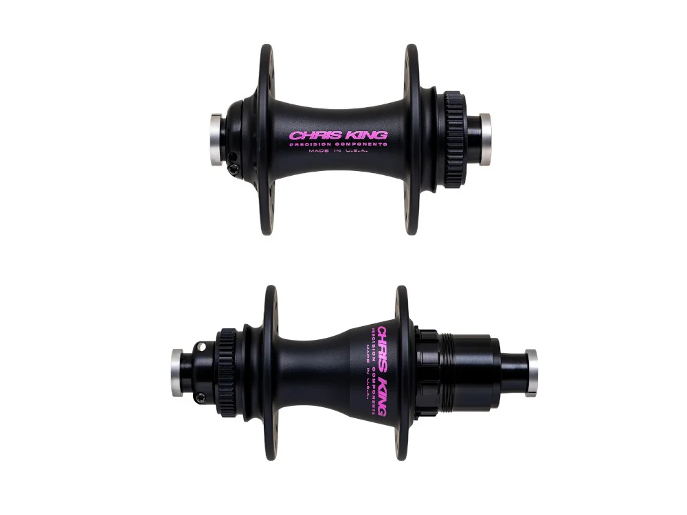 CHRIS KING Naben Set Road R45D Gen 4 Edelstahl Center Lock | Steckachse | Freilauf SRAM XDR | 28 Loch | TwoTone - schwarz / pink